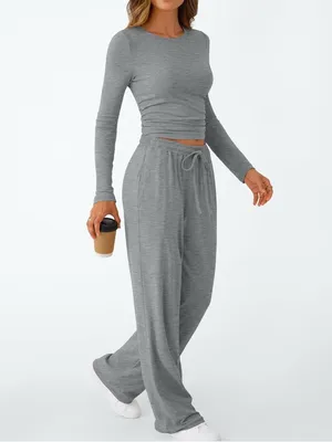 EKOUAER Woman’s Gray Wide-Leg Lounge Pant Drawstring Waist Long Sleeve Set Small thumbnail 3
