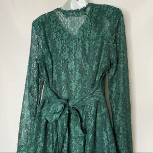 Vintage Green Lace Skater Dress Keyhole‎ Long-Sleeve Tie-Back Bow Christmas thumbnail 4