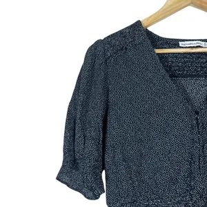 Abercrombie & Fitch Smocked Waist Polka Dot Puff Sleeve Blouse Navy Blue Size M thumbnail 2
