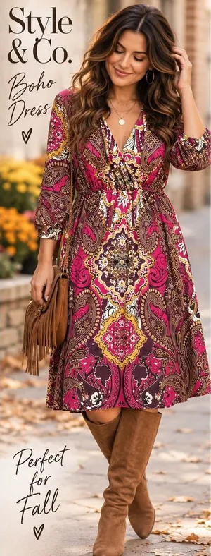Style & Co Womens Large Pink Paisley Medallion Boho Surplice V-Neck Midi Dress thumbnail 1