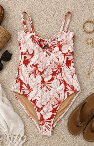 NWT Old Navy Tropical One Piece Swimsuit Medium Orange White Palm Print Resort thumbnail 1