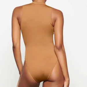 SKIMS Swim Zip Front Sleeveless One Piece Swimsuit Ochre Tan Neutral Small S thumbnail 2