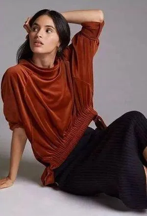 Anthropologie daily practice side tie velvet pullover burnt orange large thumbnail 1