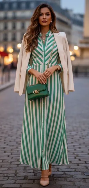 Women’s striped maxi shirt dress in green in size XS pit to pit 17” thumbnail 1