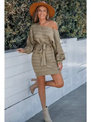 NWT Cupshe Khaki Belted Dolman Sleeve Sweater Dress - Size: Large thumbnail 9