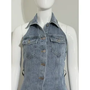NWT Lulus Denim Buttons Mini Dress Halter Open Back Y2K Women’s XS thumbnail 2