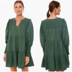Pomander Place x Tuckernuck Green Smocked Tier‎ Mini Dress Cotton Long Sleeve S thumbnail 2