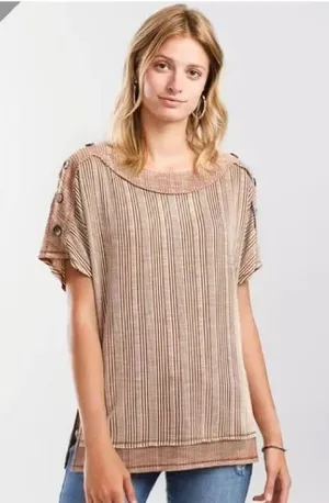 BKE Relaxed Stripe Short-Sleeve Top in Beige thumbnail 1