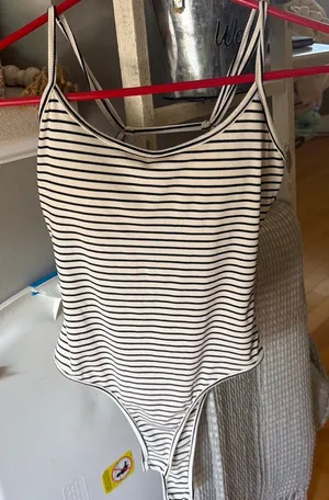 Black and white striped bodysuit open back with built in pads thumbnail 1