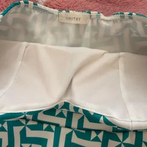Teal Geometric Strapless Peplum Top w/ Built-In Padded Bra – Snatched Fit | Size S | Euro Summer Vibes 💚 thumbnail 5
