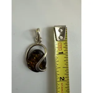 Vintage Flecked Baltic Amber Sterling Silver‎ Modernist Pendant thumbnail 3