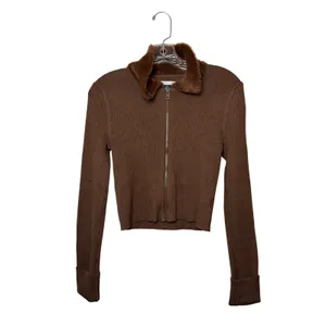 American Eagle Brown Ribbed Faux Fur Collar Zip Up Sweater Y2K Cozy Size M thumbnail 3