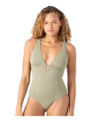 NWT Roxy Womens One Piece Plunge Swimsuit 434001983 Oil Green M thumbnail 4