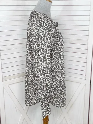 Loft Leopard Print Gathered Neck Button Up Blouse Cream Tan Large Long Sleeve thumbnail 3