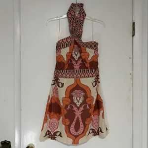 Soul of Mu Halter Mini Dress Beige Salmon Geometric Floral Linen Blend Large NEW thumbnail 4