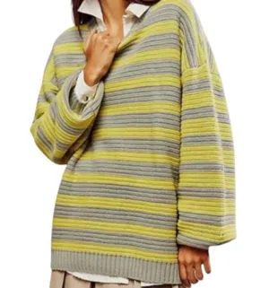Free People Links Oversized Chunky Knit Sweater Grey Yellow Stripe Size Medium thumbnail 1