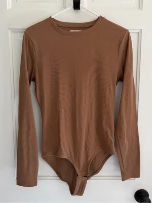 Madewell‎ Ribbed Long Sleeve Crew Neck Bodysuit Brown Large thumbnail 1
