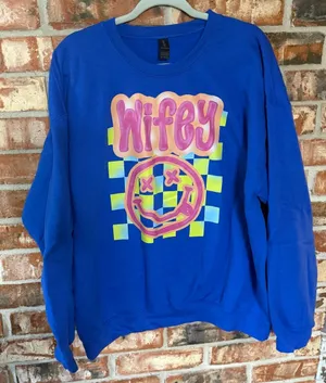 Gildan Royal Blue 'Wifey' Graphic Sweatshirt with Neon Pink and Yellow Print thumbnail 1