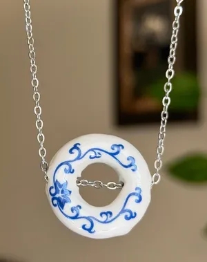 Handmade round donut ceramic bead unique boho fairy simple necklace💙 thumbnail 1