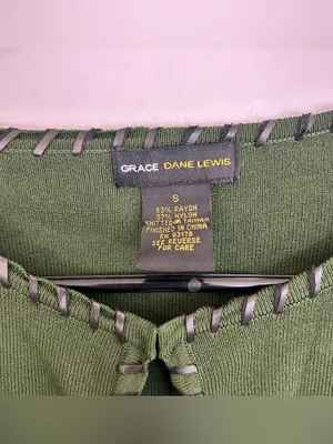 Grace Dane Lewis Green Knit Cardigan w/ Faux Black Leather Trim Frankenstein S thumbnail 4