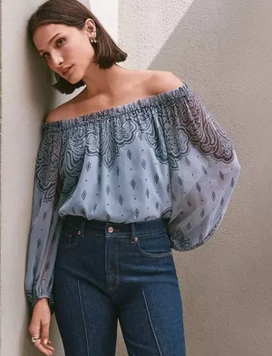 LOFT Paisley Off Shoulder Blouse NWT‎ XL Ruffle Neck Boho Romantic Top thumbnail 1