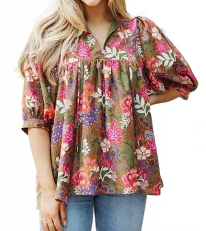 J. Marie Women Cotton Top Small Green Floral Peacock Babydoll Tassel Preppy Boho thumbnail 1