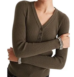 Madewell Ruffle Cuff Henley Sweater Ribbed Knit Pullover Slim Fit Green Medium thumbnail 1