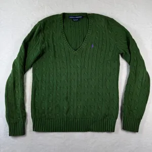 Ralph Lauren Sport Green Cable Knit‎ V-Neck Cotton Large Sweater Purple Pony thumbnail 1