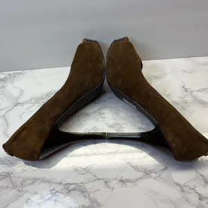 Michael Kors Brown Suede Peep Toe Pumps Heels 8M Gold Insole Wood Heel thumbnail 6