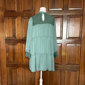 THML NWT Teal Smocked Tiered Mini Dress Long Sleeve‎ Boho Seafoam Size Small thumbnail 4