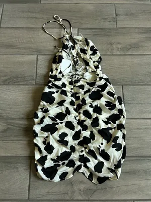 Ruched Cow Print Mini Dress in Black & White thumbnail 3