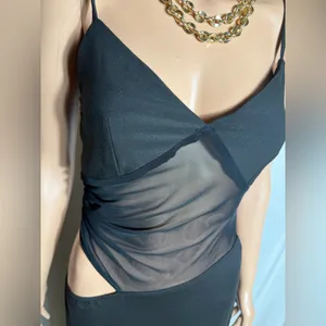 Source Unknown Black Mesh Cutout Maxi Dress Asymmetrical Waist Spaghetti Strap Size M thumbnail 4