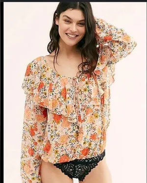 Free People Intimately Say It To Me Bodysuit Long Sleeve Orange Floral XS thumbnail 1