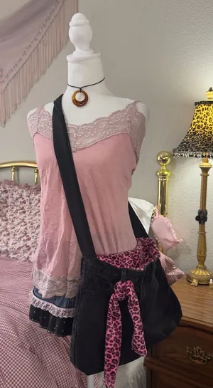 Handmade Black Canvas Crossbody Bag with Pink Leopard Accent - Women's Crossbody thumbnail 1