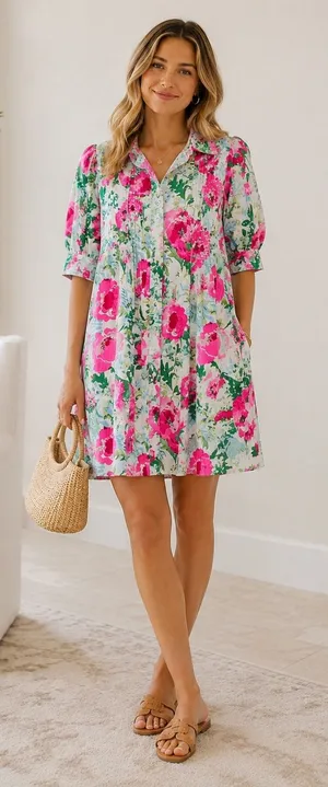 Lilly Pulitzer Shirt Dress Womens 10 Pink Green Floral Puff Sleeve Button Front thumbnail 1
