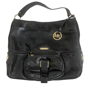Michael Kors Black‎ Patent Leather Shoulder Bag Gold MK Charm Hobo Large EUC thumbnail 1