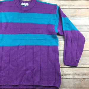 Vintage Blue & Purple Stripe Knit Pullover Preppy Sweater Color Block thumbnail 2