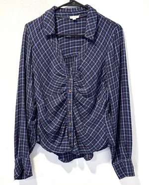 Pilcro Anthropologie Womens-S Blouse Blue Plaid‎ Ruched Button Front Flannel thumbnail 1