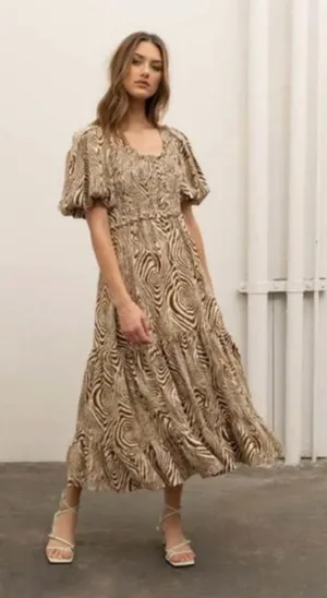 Anthropologie Moon River Smocked Puff Sleeve Midi Dress Swirl Print Medium thumbnail 1