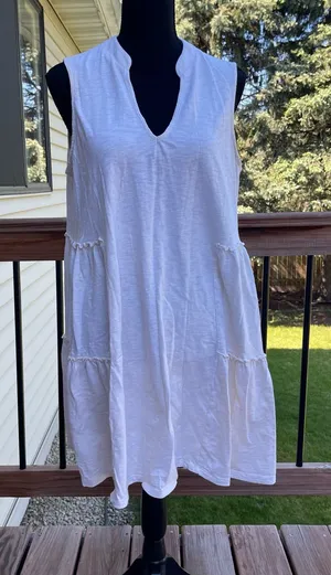 LUSH Sleeveless Notched V-neck Tiered Ruffle Cotton Mini Dress Sz Small Cream thumbnail 1