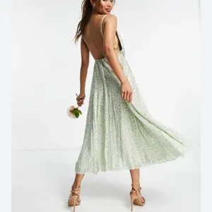 NWT ASOS Embellished Cami Midi Dress in Sage Green Sz4 A-line Fit & Flare Sequin thumbnail 4
