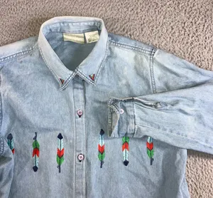 220 Hickory‎ Denim Button Up Shirt Women M Embroidered Feather Western Chore Vtg thumbnail 1