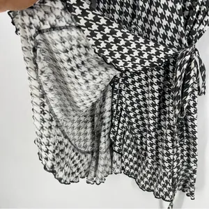 Passion Lilie Houndstooth Cotton Black White Ruffle Hem Mini Wrap Dress Size XL‎ thumbnail 7
