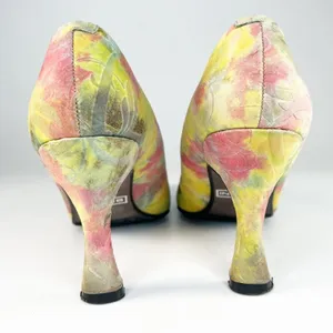 Bellini Tamesis Embossed Leather Kitten Heels Shoes Floral Yellow Pink Women 7.5 thumbnail 4