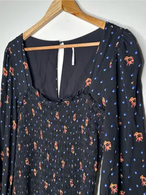Free People Two Faces Smocked Mini Dress Black Floral Long Sleeve Large thumbnail 8