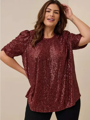Torrid Burgundy Sequin Short Sleeve Going out Top Ruched Sleeves Keyhole Back 1X thumbnail 1
