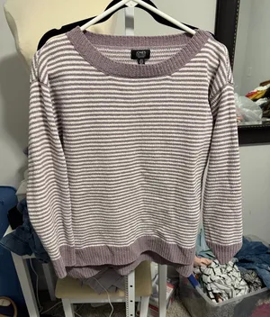 Jones New York Lilac and White Striped Crewneck Sweater thumbnail 1