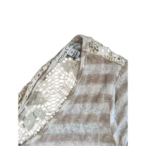 Moa Moa Cream‎ Tan Stripe Feminine Lacy Twist Cap Sleeve Top sz Small thumbnail 3