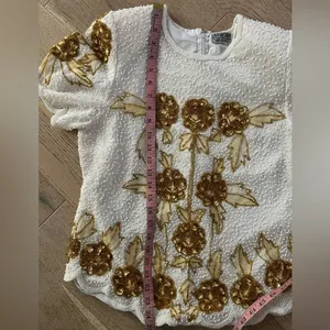 Vintage Silk Beaded Sequin Floral Top White Gold 80s Glam Party Blouse thumbnail 7