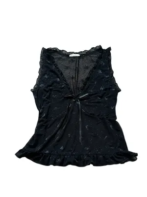 Black Mesh Lace Babydoll Top Bows Ruffles Dark Romantic Fairy Grunge Y2K thumbnail 3